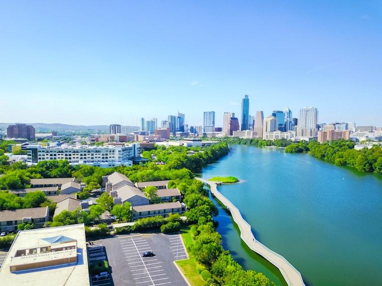 City skyline showing business district